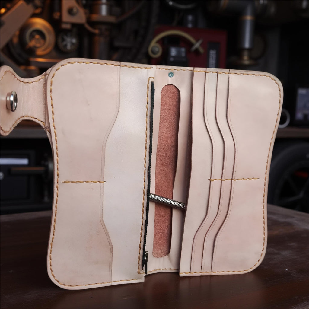 Inside Handmade Tooled Leather Biker Wallet: Skull & Motorcycle Carving