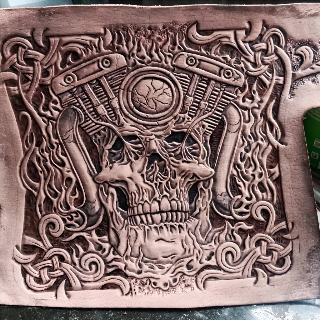 Process Handmade Tooled Leather Biker Wallet: Skull & Motorcycle Carving