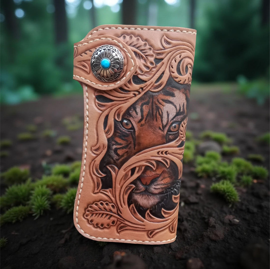 Front handcrafted leather wallet with carved tiger design
