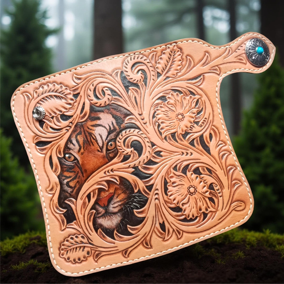 Middle handcrafted leather wallet with carved tiger design