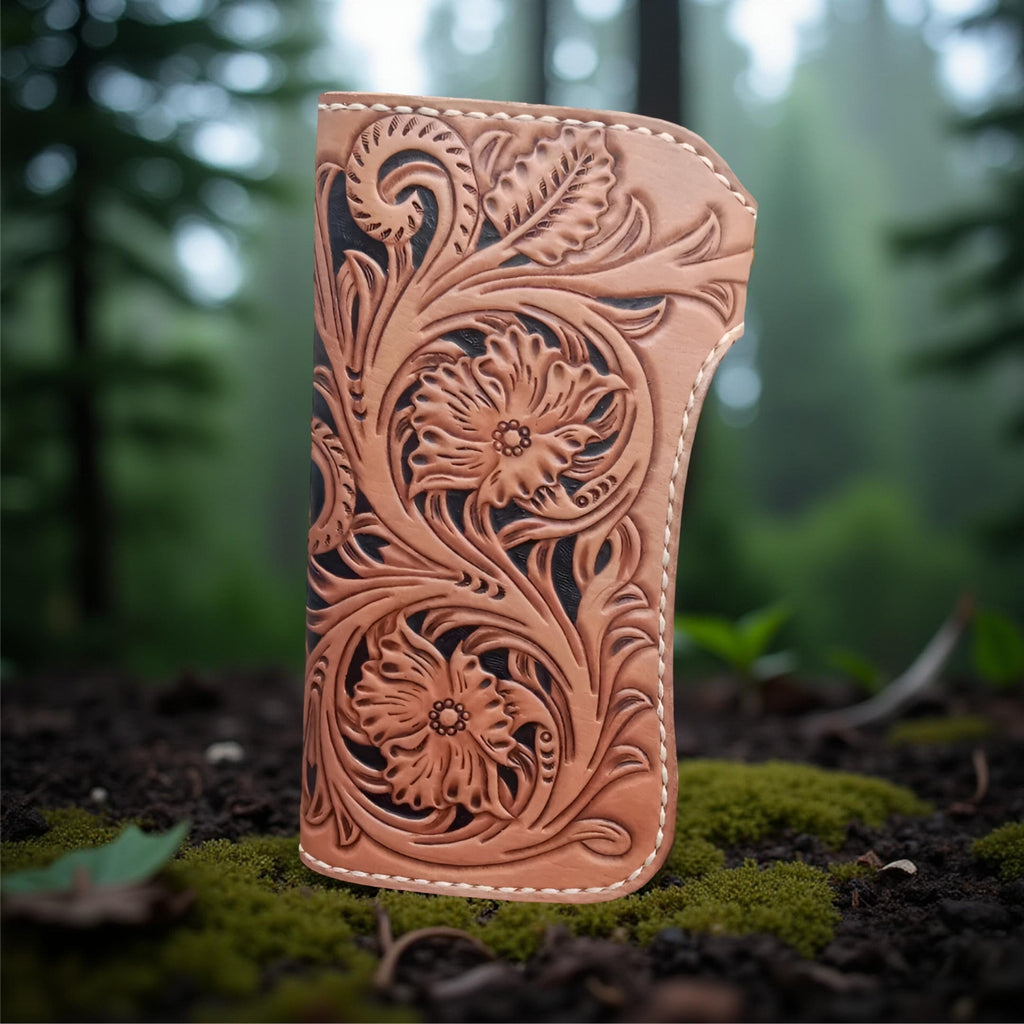 Back handcrafted leather wallet with carved tiger design
