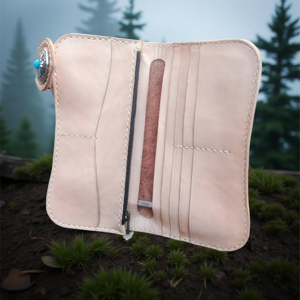 Inside handcrafted leather wallet with carved tiger design