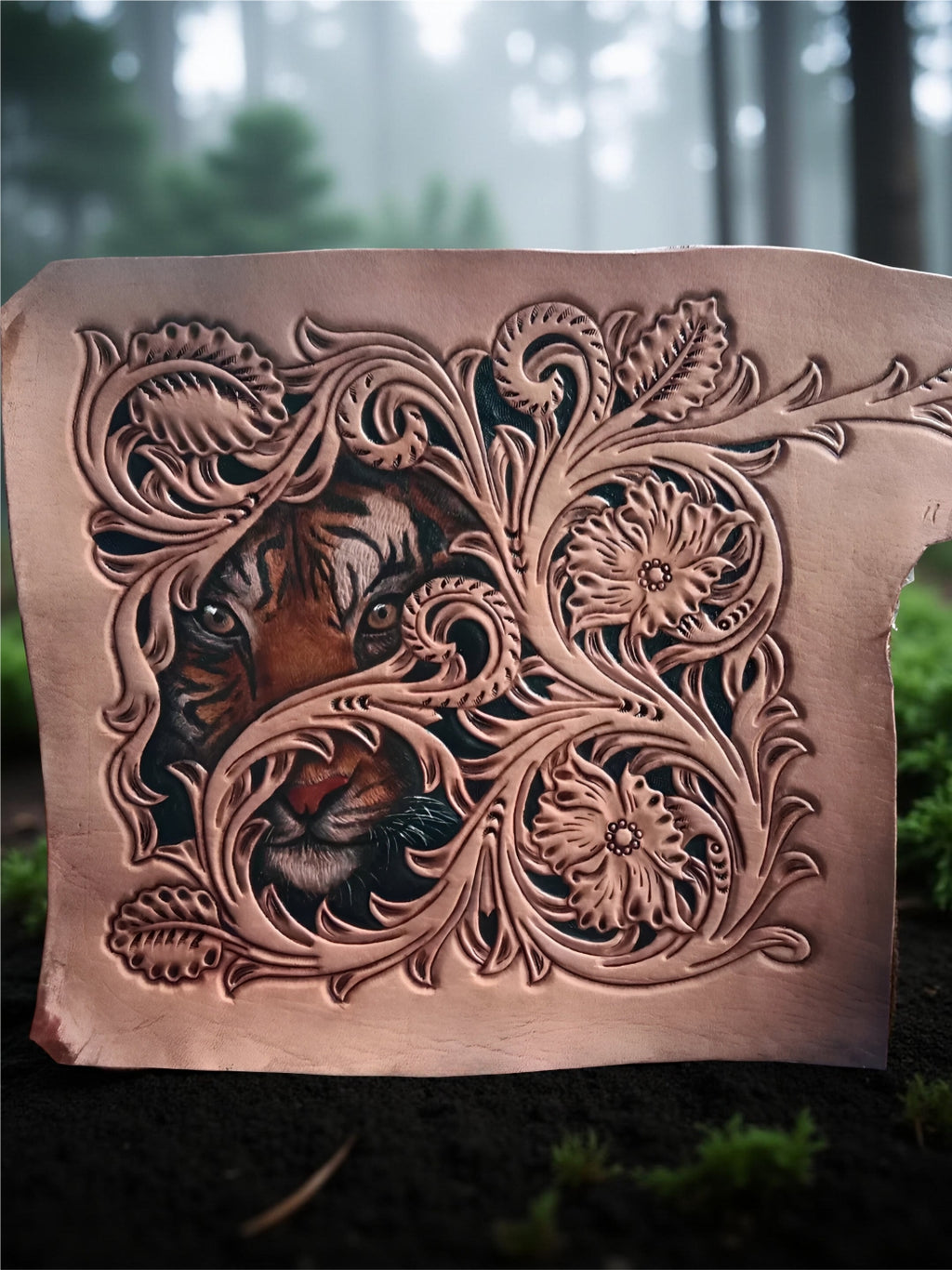 Process handcrafted leather wallet with carved tiger design