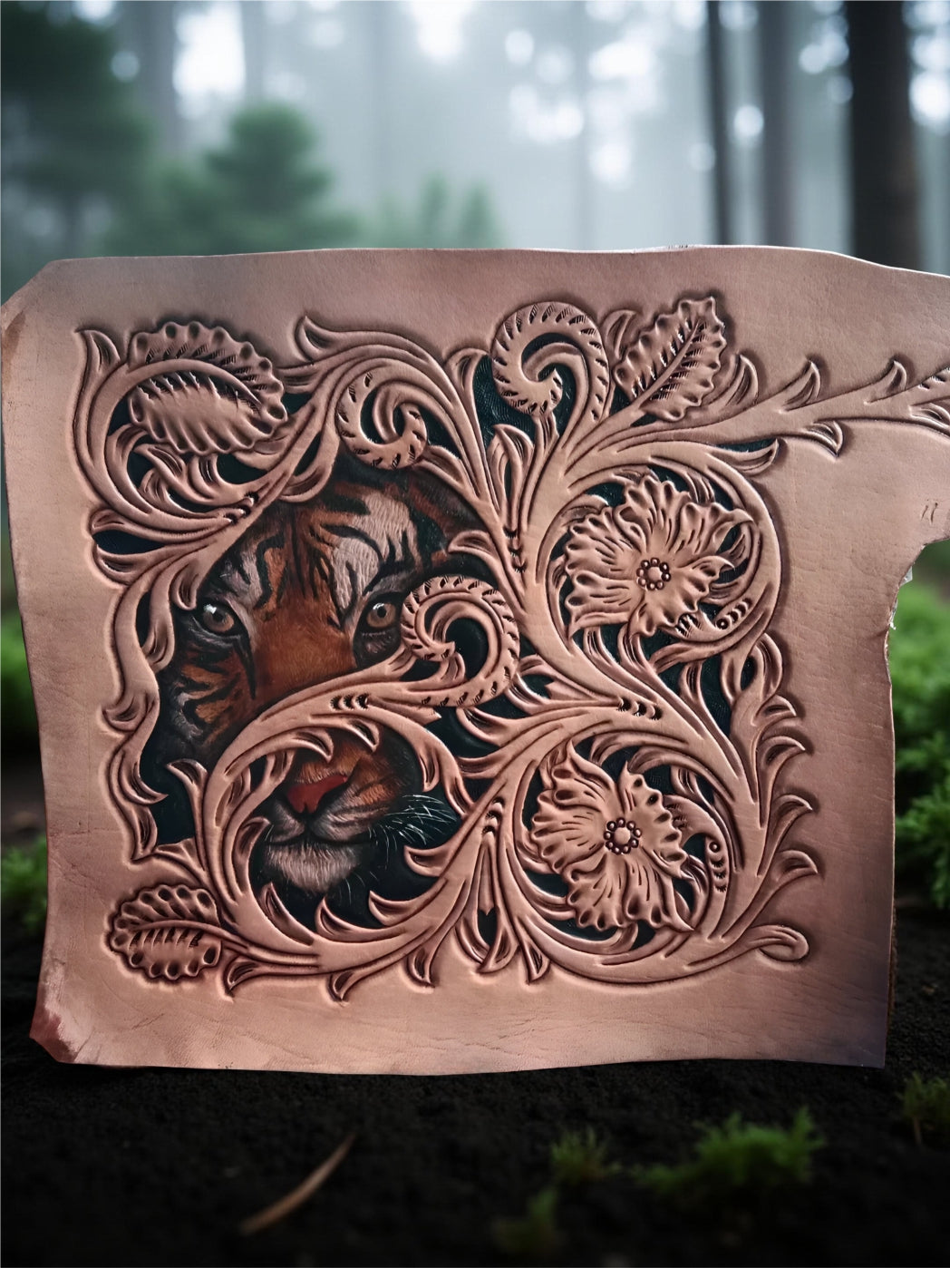 Process handcrafted leather wallet with carved tiger design