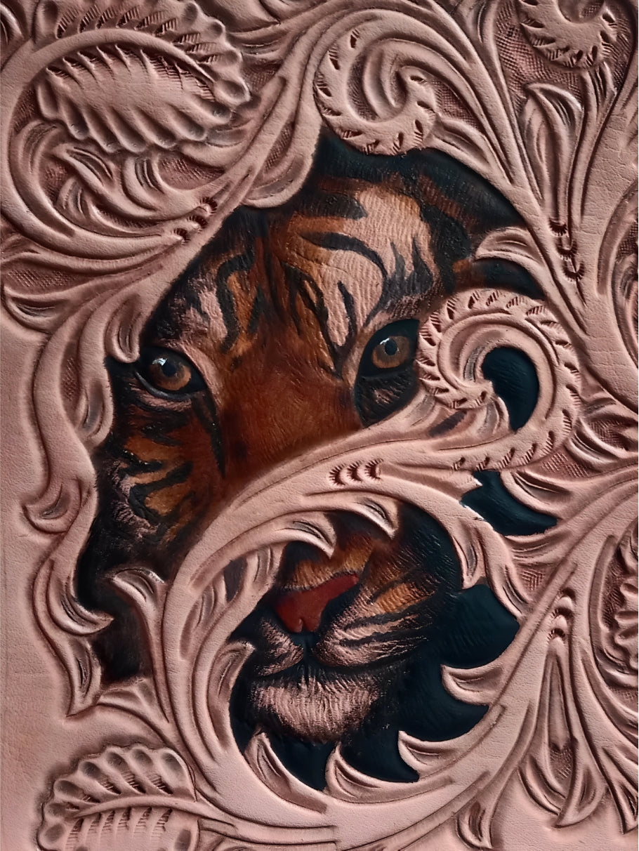 Zoom handcrafted leather wallet with carved tiger design