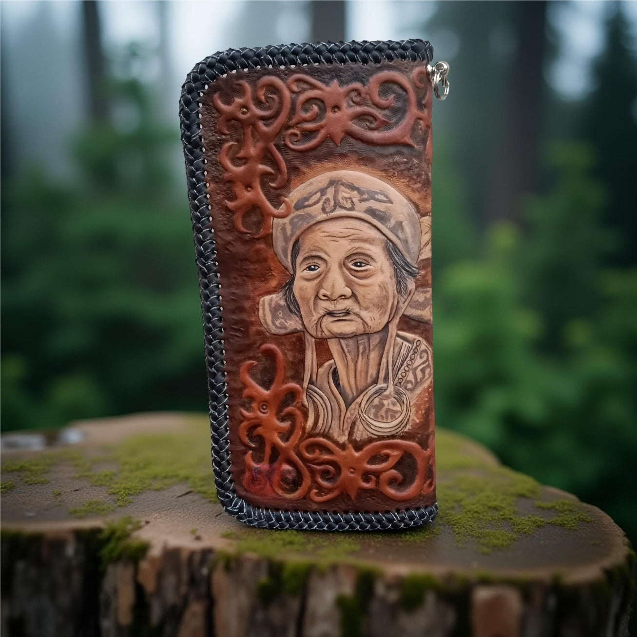 Handcrafted Biker Leather Wallet, Indian Tribal Carved Design (Made to Order ±14 Days)