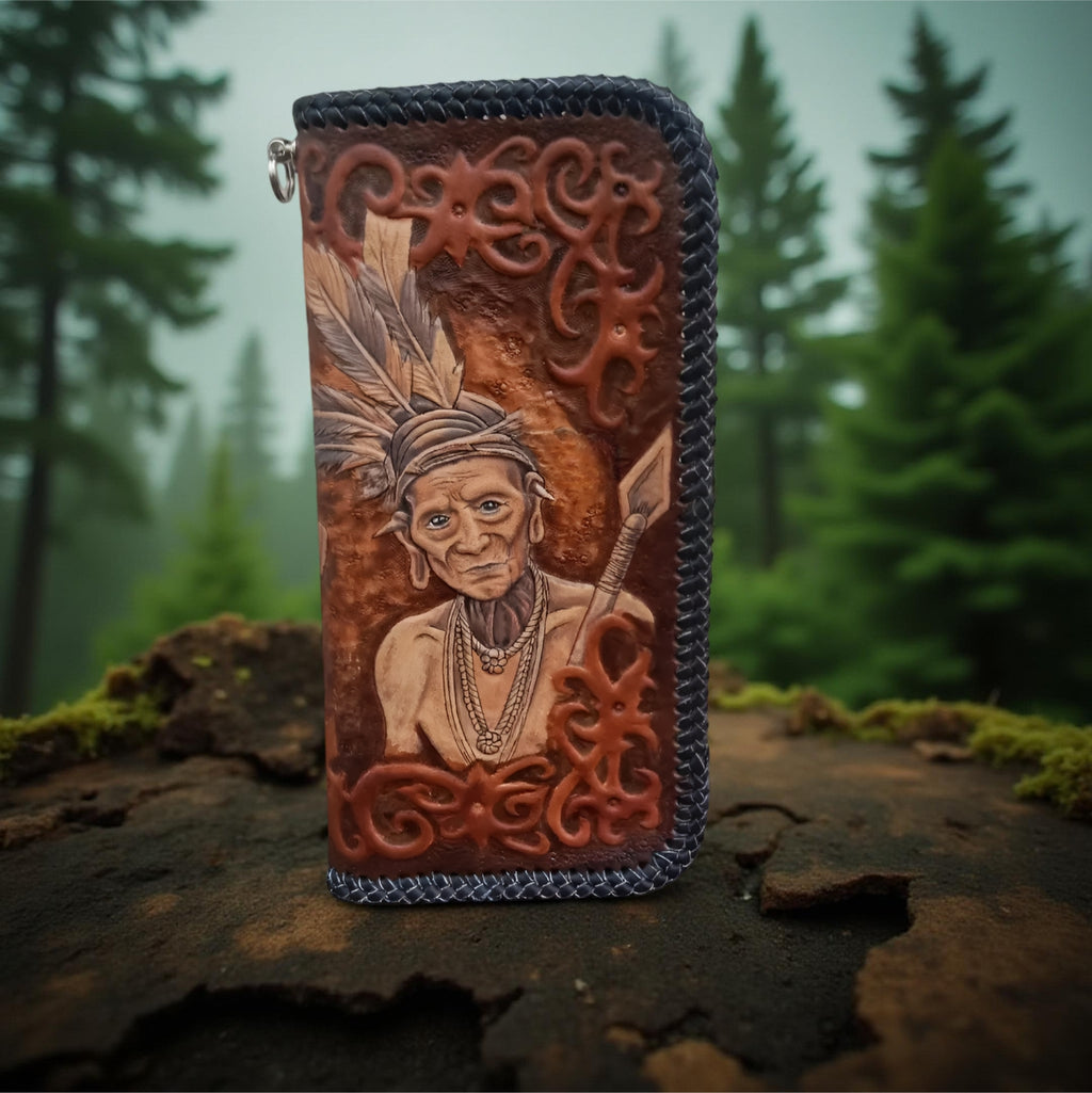 Handcrafted Biker Leather Wallet, Indian Tribal Carved Design (Made to Order ±14 Days)