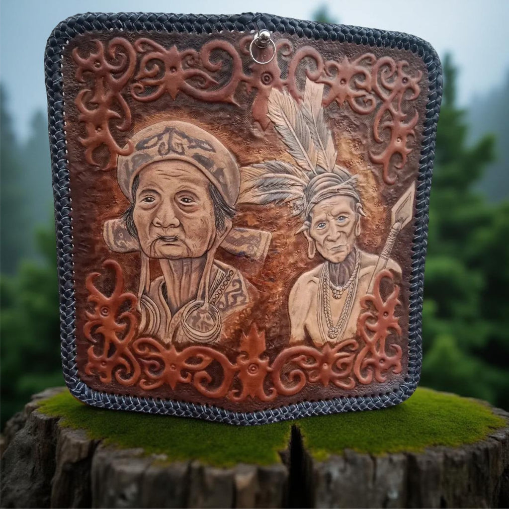 Handcrafted Biker Leather Wallet, Indian Tribal Carved Design (Made to Order ±14 Days)