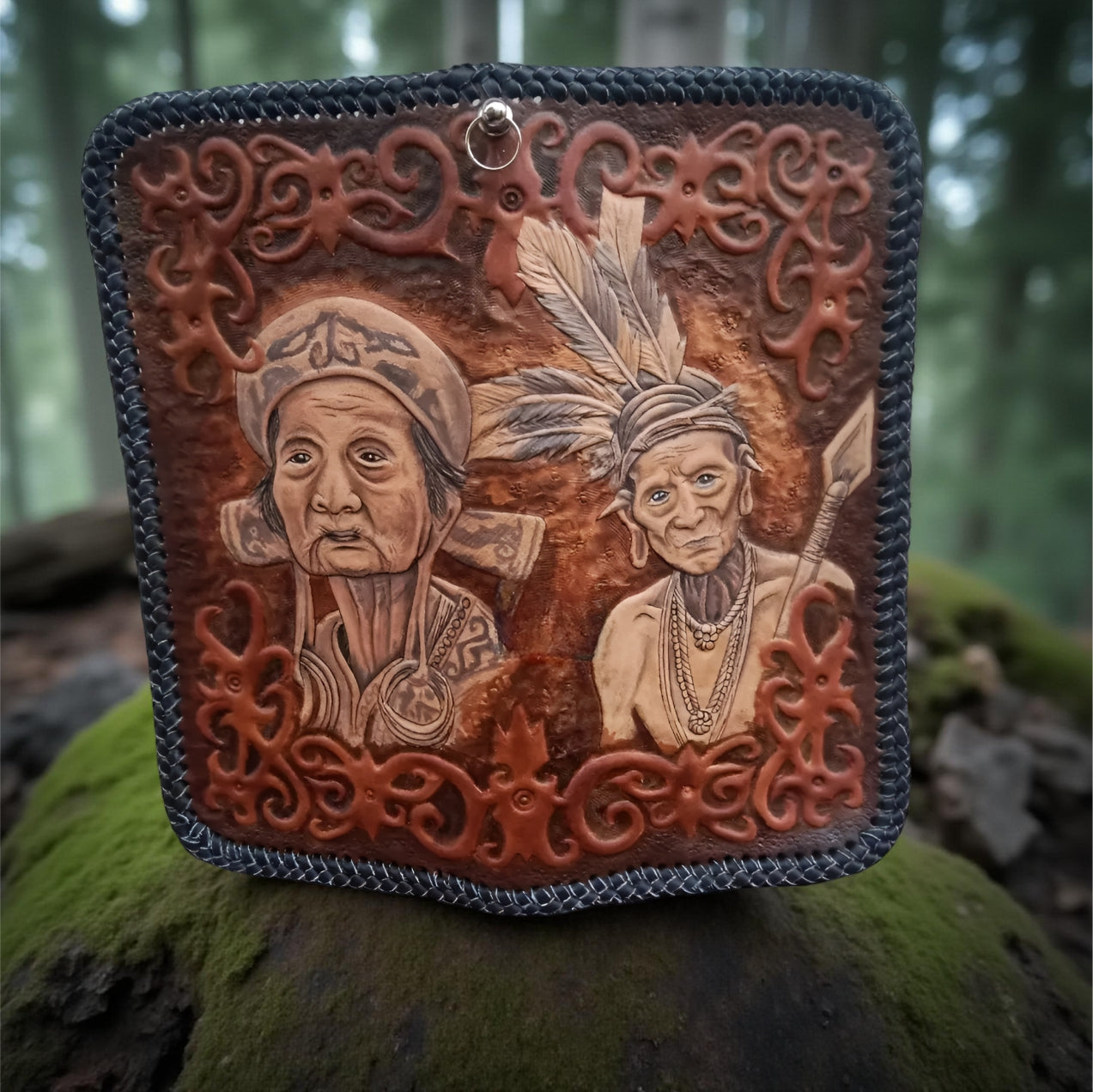 Handcrafted Biker Leather Wallet, Indian Tribal Carved Design (Made to Order ±14 Days)