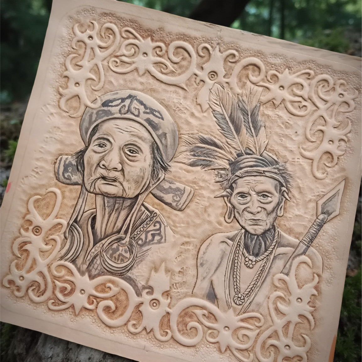 Handcrafted Biker Leather Wallet, Indian Tribal Carved Design (Made to Order ±14 Days)