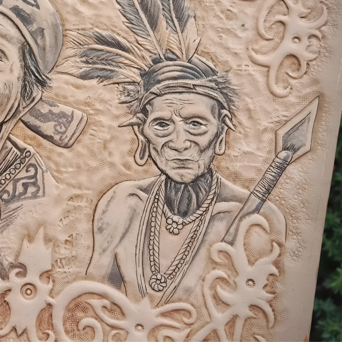 Handcrafted Biker Leather Wallet, Indian Tribal Carved Design (Made to Order ±14 Days)