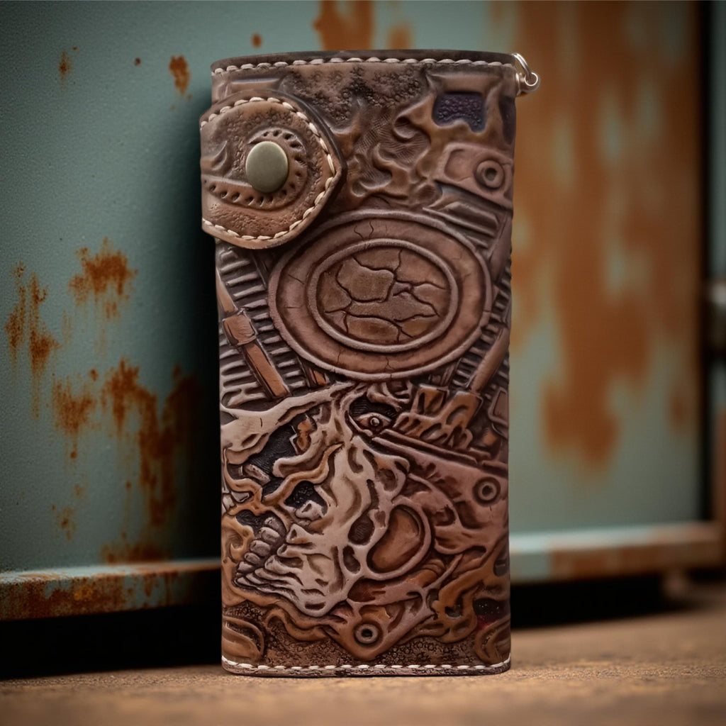 Hand Carved Skull Biker Steampunk Trifold Wallet Genuine Leather (Made to Order ±14 Days)