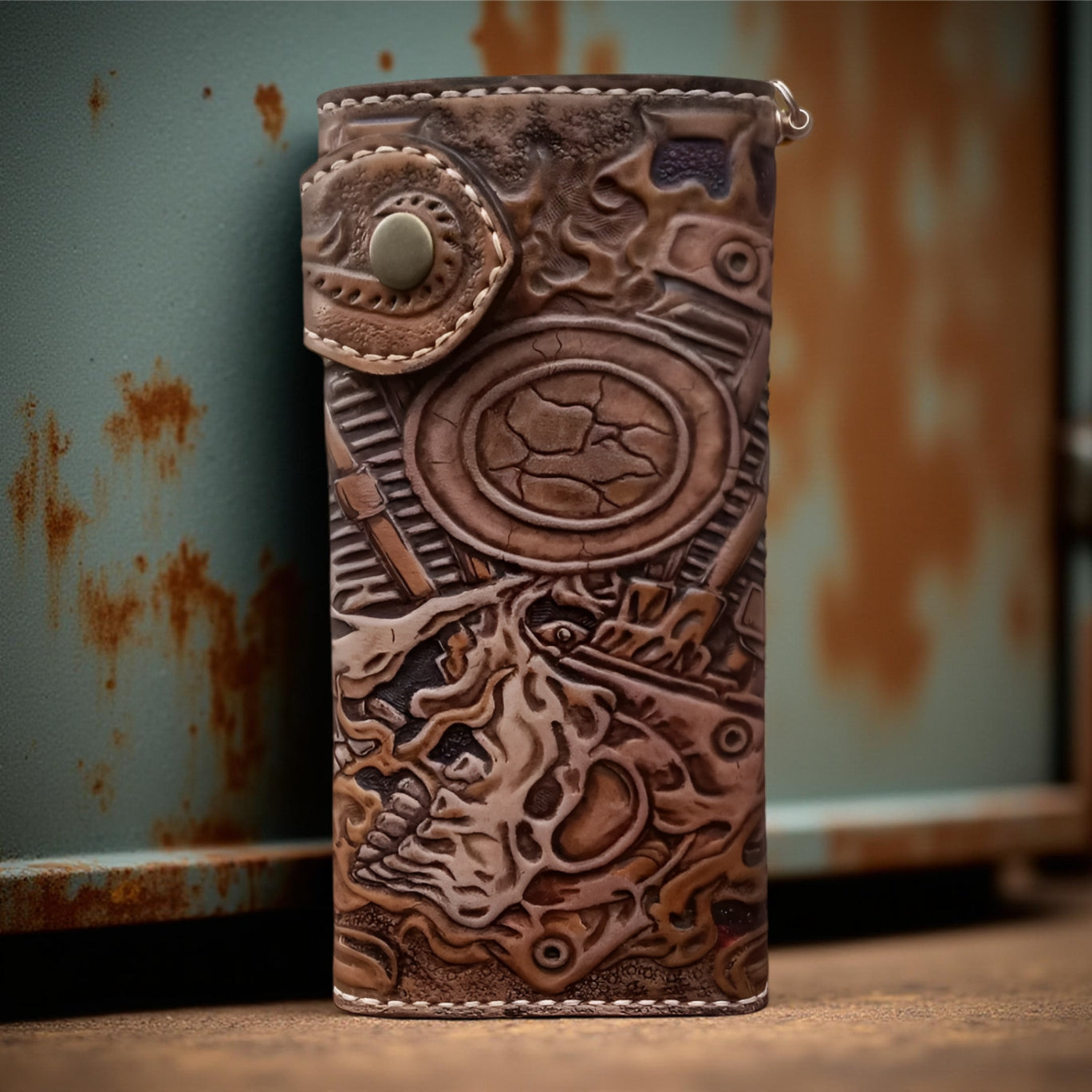 Hand Carved Skull Biker Steampunk Trifold Wallet Genuine Leather (Made to Order ±14 Days)