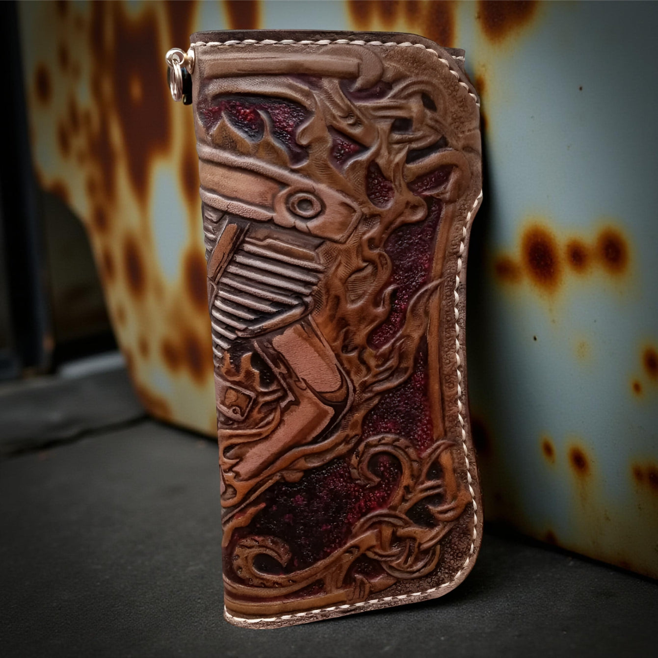 Hand Carved Skull Biker Steampunk Trifold Wallet Genuine Leather (Made to Order ±14 Days)