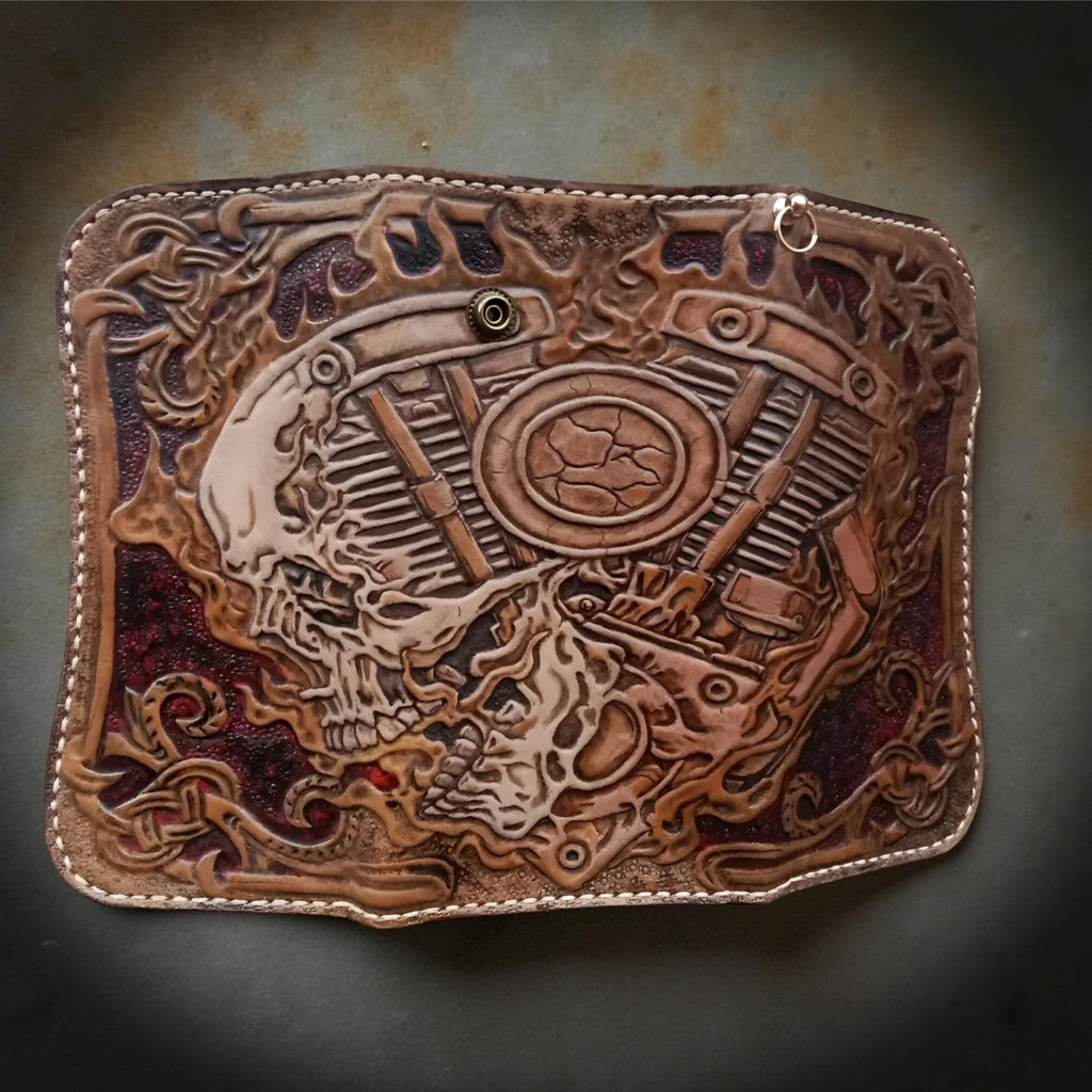 Hand Carved Skull Biker Steampunk Trifold Wallet Genuine Leather (Made to Order ±14 Days)