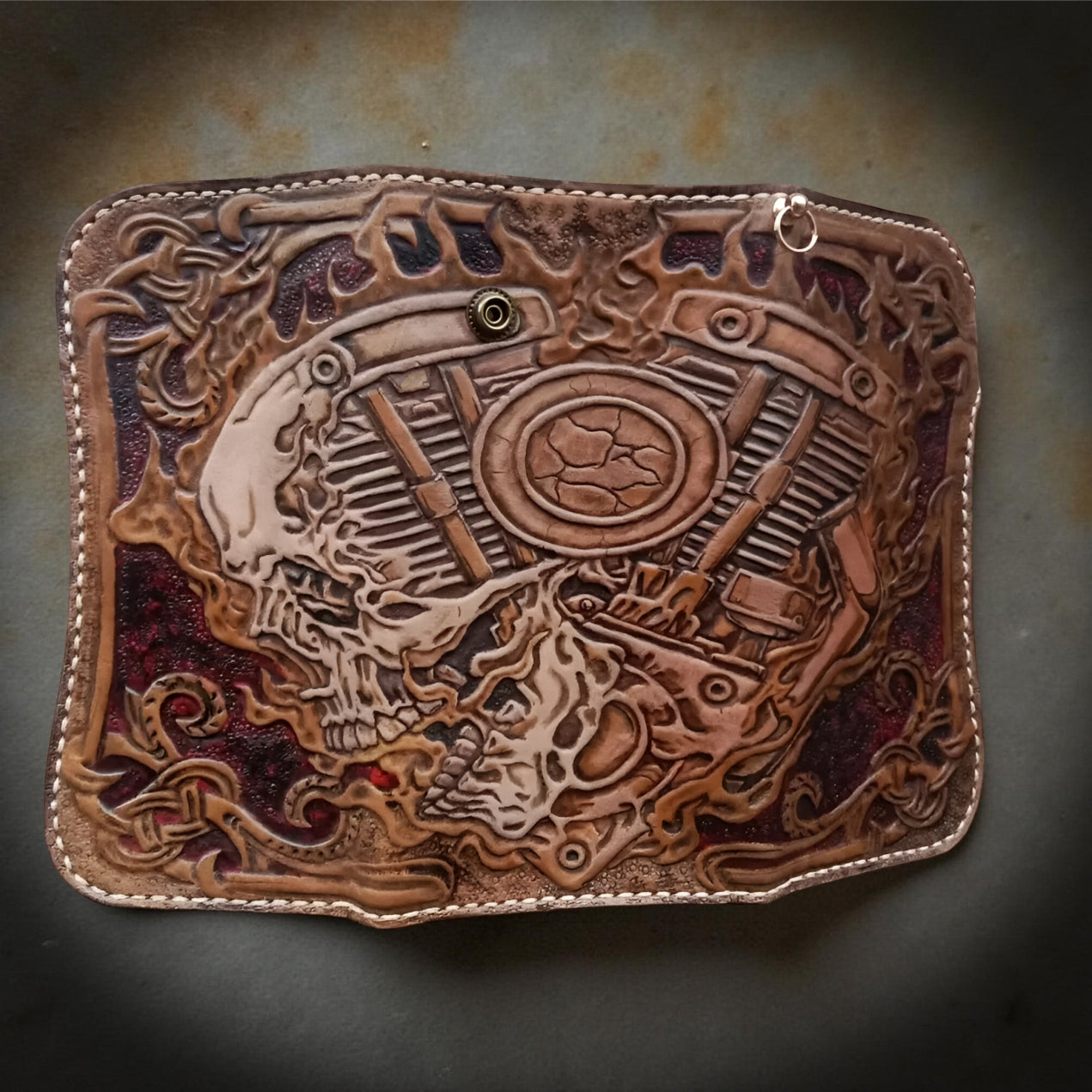 Hand Carved Skull Biker Steampunk Trifold Wallet Genuine Leather (Made to Order ±14 Days)