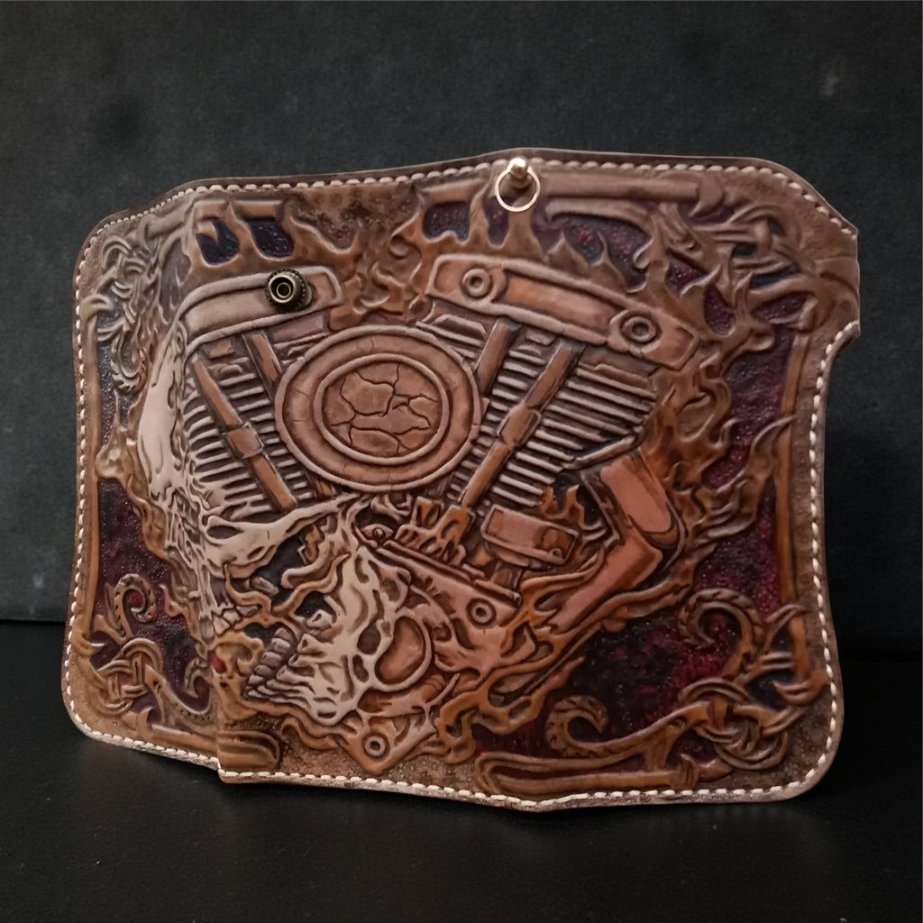 Hand Carved Skull Biker Steampunk Trifold Wallet Genuine Leather (Made to Order ±14 Days)