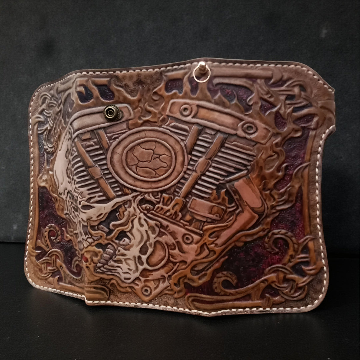 Hand Carved Skull Biker Steampunk Trifold Wallet Genuine Leather (Made to Order ±14 Days)