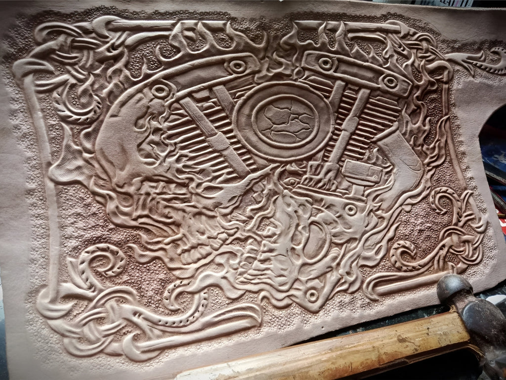 Hand Carved Skull Biker Steampunk Trifold Wallet Genuine Leather (Made to Order ±14 Days)