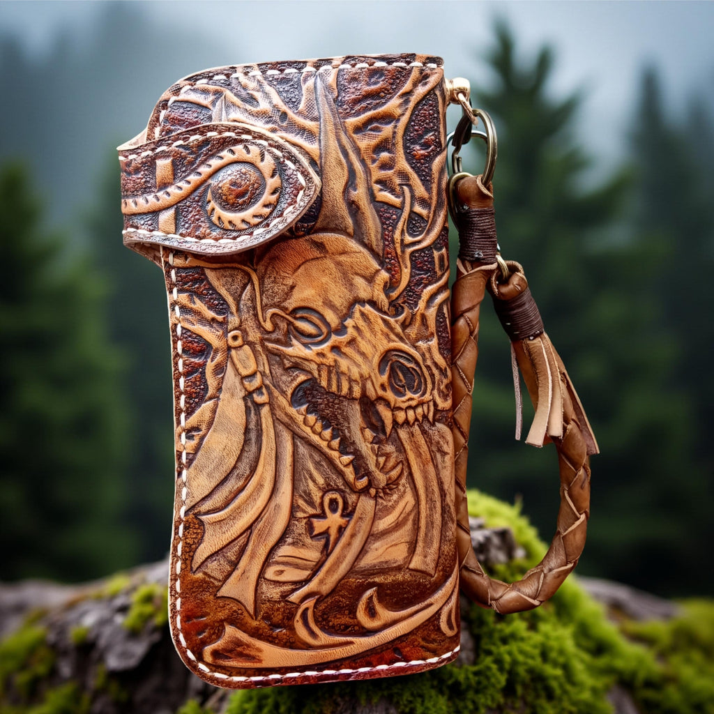 Anubis Carved Leather Biker Wallet (Made to Order ±14 Days)