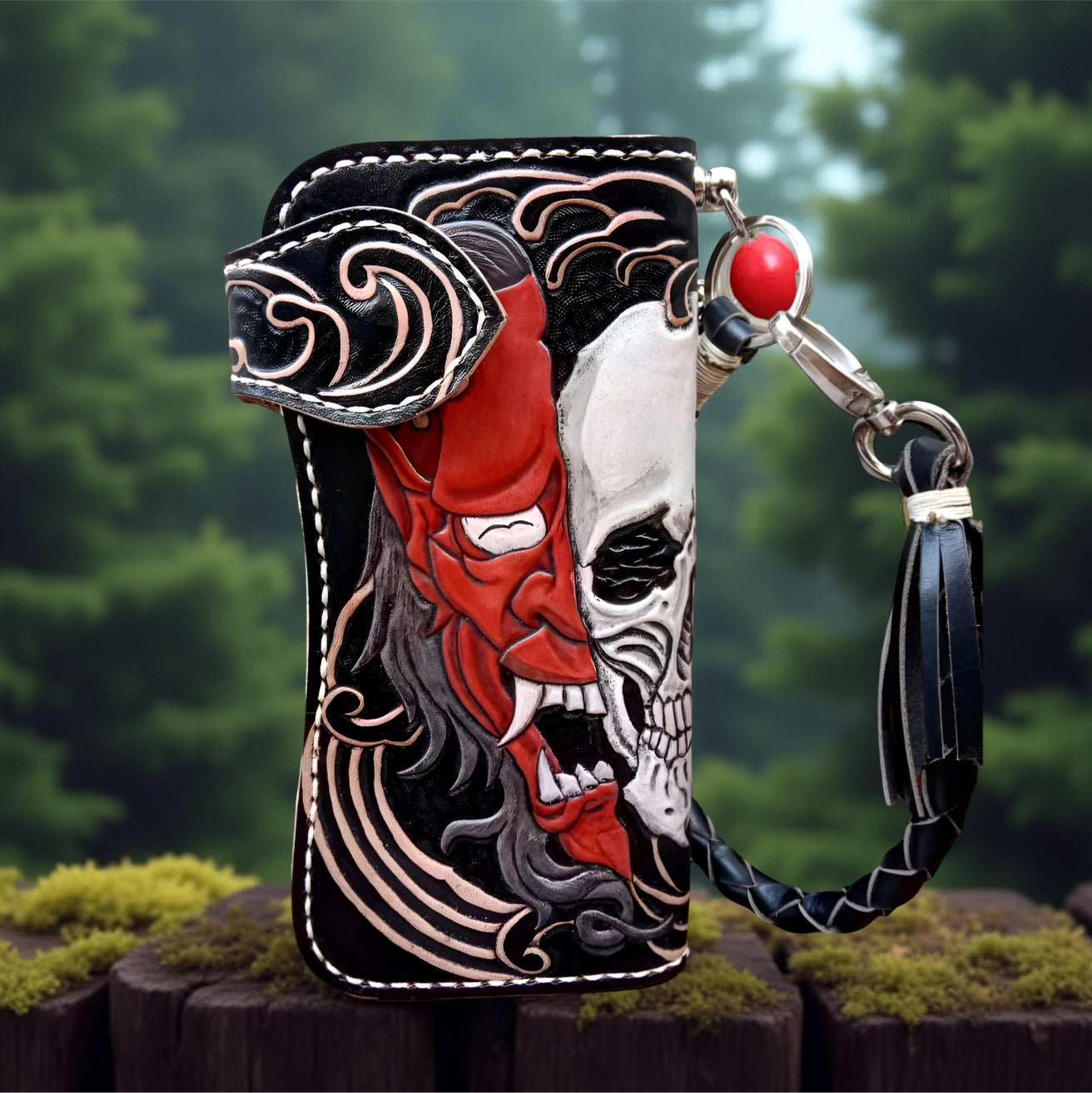 Face Handmade Hannya Demon and Skull Wallet, Biker Japanese Long Wallet, Hand Carved Oni Wallet Leather