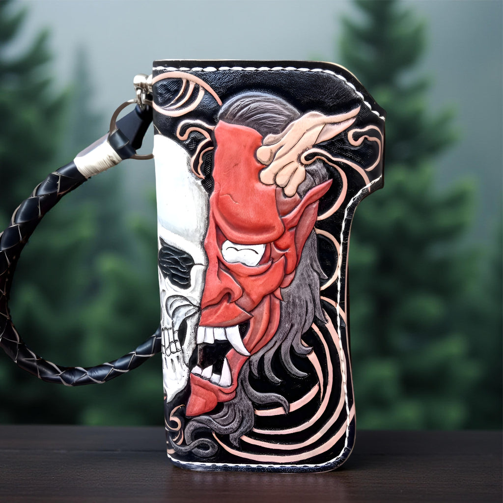 Back Handmade Hannya Demon and Skull Wallet, Biker Japanese Long Wallet, Hand Carved Oni Wallet Leather