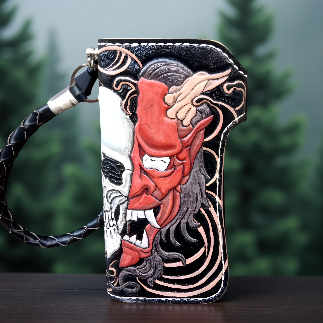 Back Handmade Hannya Demon and Skull Wallet, Biker Japanese Long Wallet, Hand Carved Oni Wallet Leather