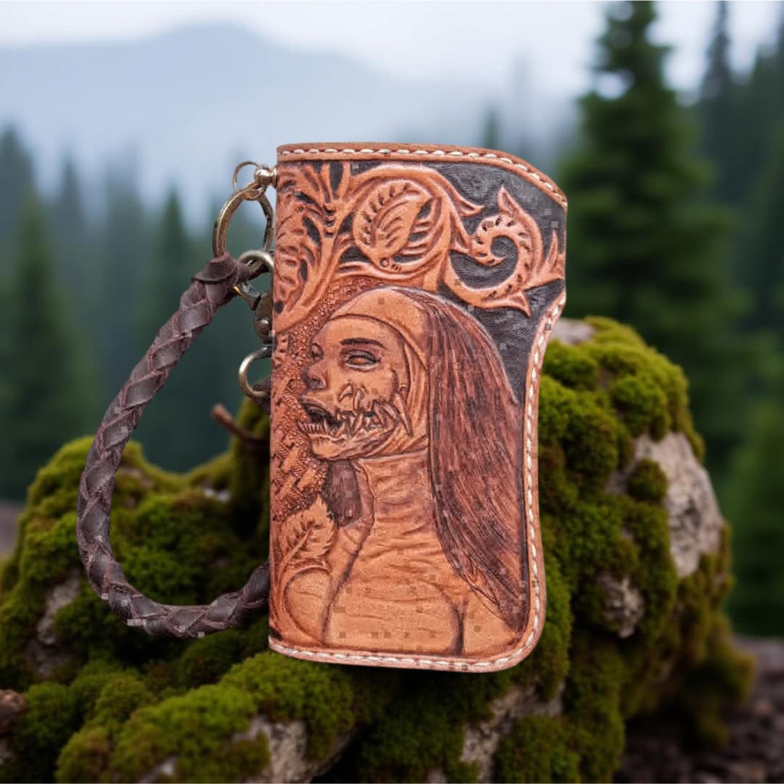 Front Handmade Gothic Waller, Carved Leather Bifold With Demon Nun & Vampire Motif, Halloween Biker Unisex Gift