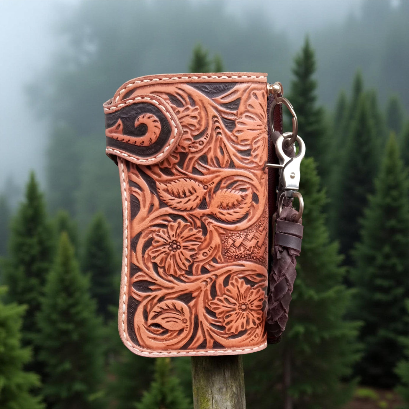 Back Handmade Gothic Waller, Carved Leather Bifold With Demon Nun & Vampire Motif, Halloween Biker Unisex Gift