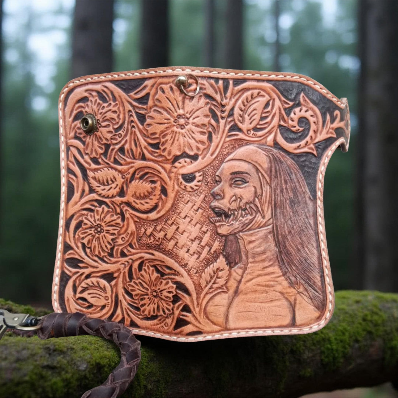 Middle Handmade Gothic Waller, Carved Leather Bifold With Demon Nun & Vampire Motif, Halloween Biker Unisex Gift