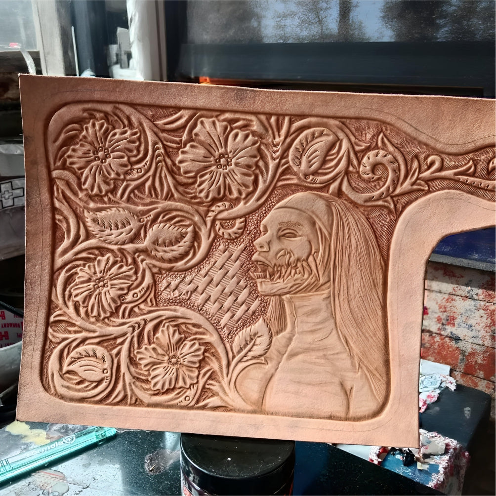 Process Handmade Gothic Waller, Carved Leather Bifold With Demon Nun & Vampire Motif, Halloween Biker Unisex Gift
