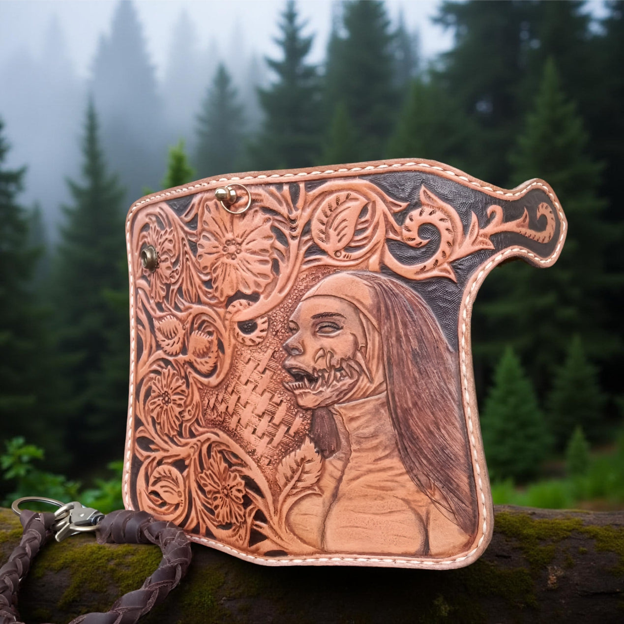 Side Handmade Gothic Waller, Carved Leather Bifold With Demon Nun & Vampire Motif, Halloween Biker Unisex Gift