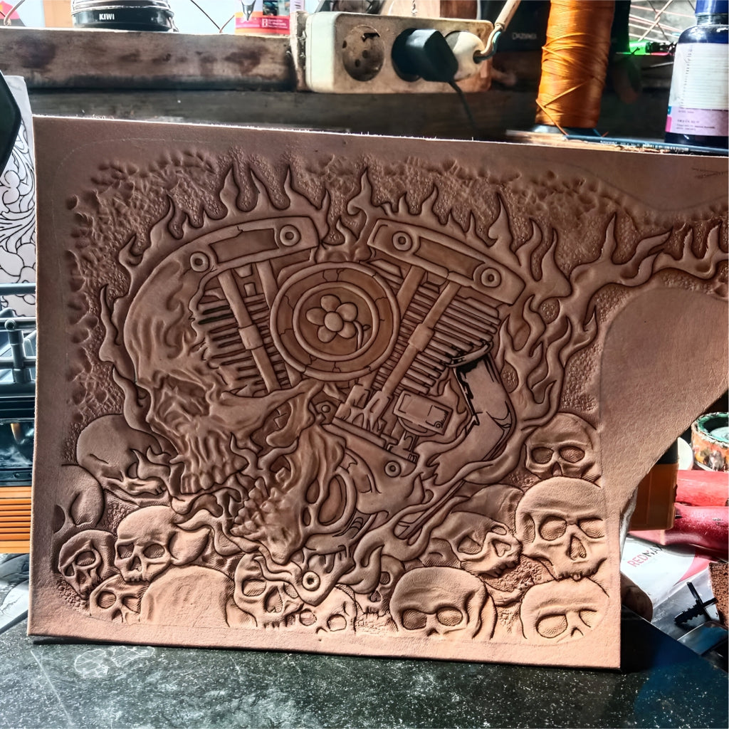 Process Genuine Leather Hand Carved Wallet Skull Motorbike, Men's Leather Wallet
