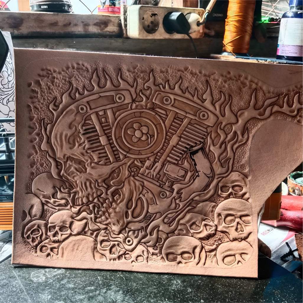 Process Genuine Leather Hand Carved Wallet Skull Motorbike, Men's Leather Wallet