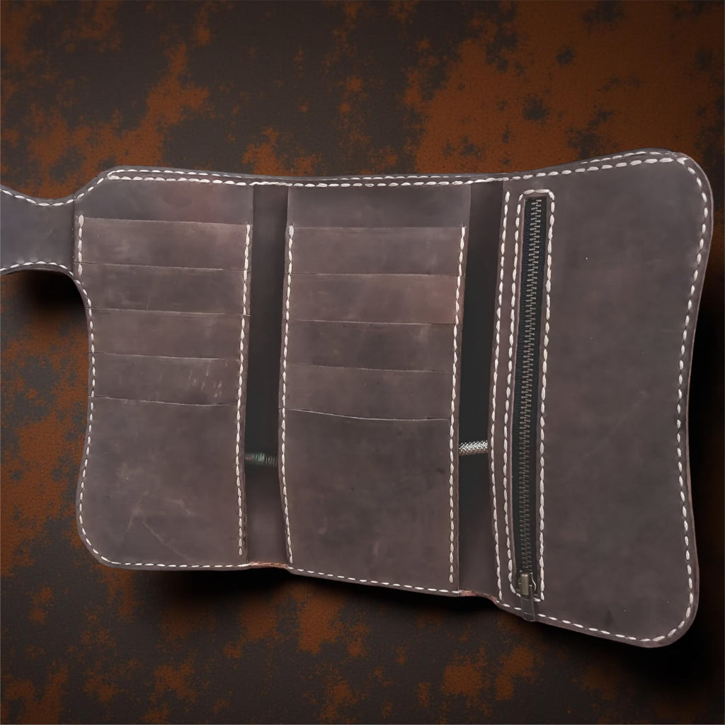 Hand Carved Skull Biker Steampunk Trifold Wallet Genuine Leather (Made to Order ±14 Days)